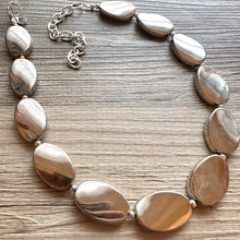 Load image into Gallery viewer, Mirror Silver Single strand jewelry, bib beaded chunky statement necklace, bridesmaid metallic silver geometric gray oval earrings set