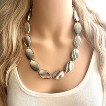 Load image into Gallery viewer, Mirror Silver Single strand jewelry, bib beaded chunky statement necklace, bridesmaid metallic silver geometric gray oval earrings set
