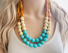 Load image into Gallery viewer, Shore to Sea Chunky Statement Necklace, double strand necklace, blue cream brown necklace, aqua blue wedding bridesmaid bib resin jewelry