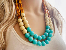 Load image into Gallery viewer, Shore to Sea Chunky Statement Necklace, double strand necklace, blue cream brown necklace, aqua blue wedding bridesmaid bib resin jewelry