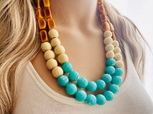Shore to Sea Chunky Statement Necklace, double strand necklace, blue cream brown necklace, aqua blue wedding bridesmaid bib resin jewelry