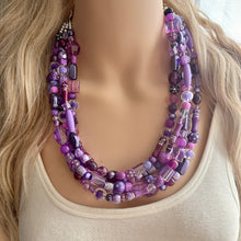 Load image into Gallery viewer, Girls Trip Necklace, Beaded 5 Layer Necklace, bead statement necklace, lavender purple royal eggplant beaded bib chunky