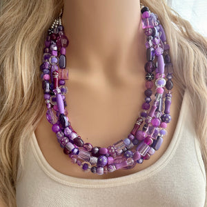 Girls Trip Necklace, Beaded 5 Layer Necklace, bead statement necklace, lavender purple royal eggplant beaded bib chunky