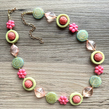 Load image into Gallery viewer, Mountain Trail Spring Chunky Statement Long Necklace, blush pink coral green beaded, colorful jewelry multi strand, bib collar flower