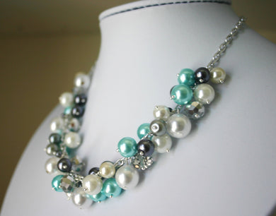 Robin's Egg Blue + Gray Pearl Cluster Necklace, Handmade Women's Necklace, blue gray white pearl necklace, bridesmaid dress wedding