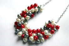 Load image into Gallery viewer, Red, White, Gray Pearl Cluster Necklace, Ohio Chicago Miami Alabama Tampa Bay Arizona Arkansas Atlanta Jewelry, state necklace, football