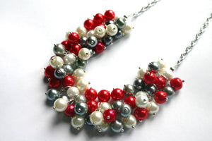 Red, White, Gray Pearl Cluster Necklace, Ohio Chicago Miami Alabama Tampa Bay Arizona Arkansas Atlanta Jewelry, state necklace, football