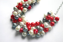 Load image into Gallery viewer, Red, White, Gray Pearl Cluster Necklace, Ohio Chicago Miami Alabama Tampa Bay Arizona Arkansas Atlanta Jewelry, state necklace, football