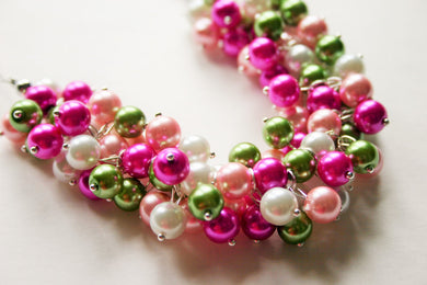 Green & Pink Pearl Preppy Cluster Necklace