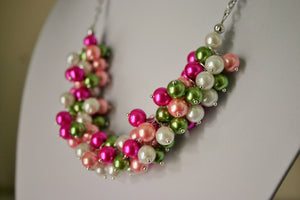 Green & Pink Pearl Preppy Cluster Necklace