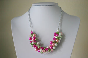 Green & Pink Pearl Preppy Cluster Necklace