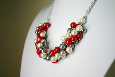 Red, Gray, and White Pearl Cluster Necklace, Arkansas Wisconsin Utah, football jewelry, gifts for her, pearl bridesmaid jewelry, Ohio
