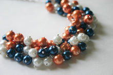 Load image into Gallery viewer, Orange, Blue, and White Pearl Cluster Necklace - Wedding or Gameday Jewelry