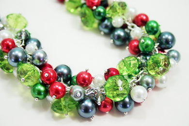 Christmas Statement Necklace - Extra Chunky Cluster Necklace with green, red, and silver!