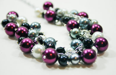 Deep Purple, Gray, and Black Statement Necklace, Pearl Cluster Necklace, Eggplant White Pearl Necklace, Purple Necklace Jewelry