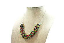 Load image into Gallery viewer, Beaded Braided Rainbow Statement Necklace, Everyday bib Colorful Seed Bead, Silver Chain Bridesmaid Wedding jewelry