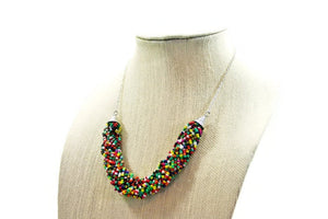 Beaded Braided Rainbow Statement Necklace, Everyday bib Colorful Seed Bead, Silver Chain Bridesmaid Wedding jewelry