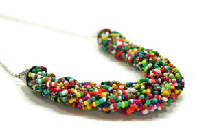 Beaded Braided Rainbow Statement Necklace, Everyday bib Colorful Seed Bead, Silver Chain Bridesmaid Wedding jewelry