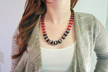 Load image into Gallery viewer, Red and Black Statement Necklace, Long Necklace, Glass Necklace, Long Beaded Necklace, Black and Red, Gray Necklace, Layering Necklace, Red