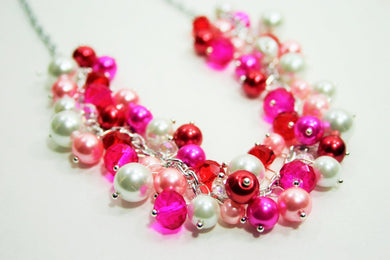 Valentine's Day Necklace - Red Pink and White Cluster Necklace with Pearls and Crystals