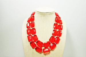 Ruby Red Chunky Statement Necklace, Double Layer Acrylic Bead Jewelry, red earrings, red jewelry set, big bead red necklace, resin necklace