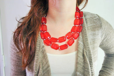 Ruby Red Chunky Statement Necklace, Double Layer Acrylic Bead Jewelry, red earrings, red jewelry set, big bead red necklace, resin necklace