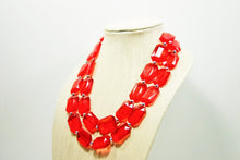 Load image into Gallery viewer, Ruby Red Chunky Statement Necklace, Double Layer Acrylic Bead Jewelry, red earrings, red jewelry set, big bead red necklace, resin necklace