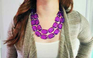 Chunky Purple Translucent Beaded Necklace - Multi Strand Acrylic Beaded Jewelry, purple jewelry set, purple earrings, big bead purple neckla