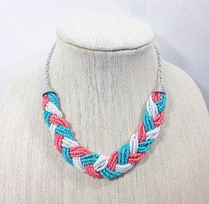 Coral & turquoise seed bead braided necklace