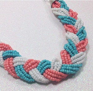 Coral & turquoise seed bead braided necklace