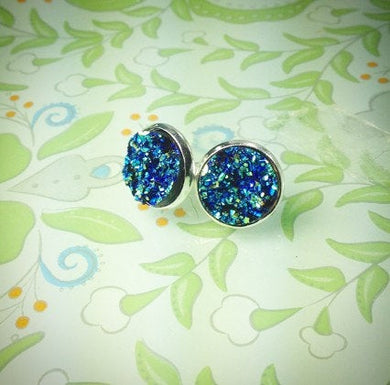 Blue & Green Druzy Studs on Silver Plated Discs