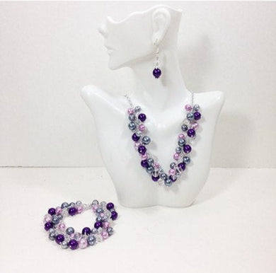 Purple & Gray cluster jewelry set - eggplant and gray pearl necklace, bracelet, and earrings