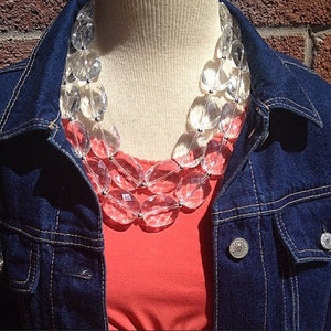 Clear Crystal Statement Necklace - Faceted Oval Beaded Everyday neutral jewelry - silver accents chunky bib necklace