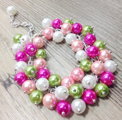 Pink, green, and white pearl cluster bracelet
