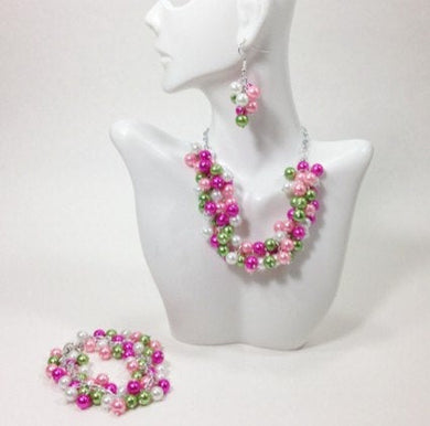 Pink and Green Cluster Necklace, Earrings, and Bracelet Set - Bridesmaid or Wedding Set