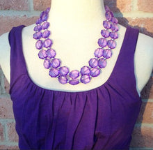 Load image into Gallery viewer, Dark Purple Double Strand statement necklace, big beaded chunky jewelry, purple earrings, purple jewelry set, eggplant jewelry set