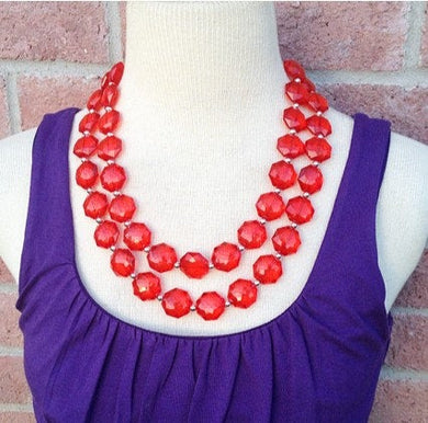 Cherry red Double Strand statement necklace - pretty big beaded chunky jewelry, red jewelry set, red earrings, big bead red necklace