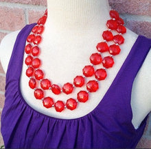 Load image into Gallery viewer, Cherry red Double Strand statement necklace - pretty big beaded chunky jewelry, red jewelry set, red earrings, big bead red necklace