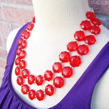 Load image into Gallery viewer, Cherry red Double Strand statement necklace - pretty big beaded chunky jewelry, red jewelry set, red earrings, big bead red necklace