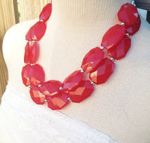 Load image into Gallery viewer, Cherry Red chunky Necklace, bright red jewelry set, big beaded chunky red statement necklace and earrings, crimson red necklace