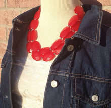 Load image into Gallery viewer, Cherry Red chunky Necklace, bright red jewelry set, big beaded chunky red statement necklace and earrings, crimson red necklace