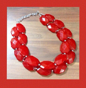 Cherry Red Necklace - Double strand bright red jewelry - big beaded chunky  statement necklace