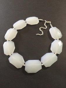 White Big Beaded Statement Necklace, Neutral Statement Jewelry single strand large resin layering bead silver necklace