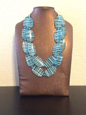 Blue Statement Necklace - Double Strand Teal and White Big Bead Jewelry bib chunky oval bead turquoise, blue and white necklace, light blue