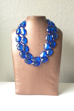 Blue 2 Strand Statement Necklace - Chunky Royal Blue Oval Beaded Bib Jewelry