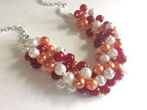 Maroon & Orange Cluster Necklace and Bracelet - Virginia Jewelry - Everyday Bridesmaid Wedding Casual Cluster Garnet and orange