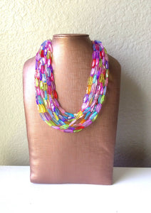 Multi-Color Rainbow Necklace - Big Beaded 8 Strand Chunky Statement Necklace Happy Bright Summer Jewelry