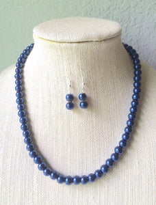 Bridesmaid Jewelry Set - Single Strand Navy Blue Necklace Bracelet & Matching Drop Earrings - Flower Girl - Pearl Jewelry Dark Blue Beaded