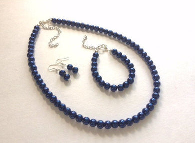 Bridesmaid Jewelry Set - Single Strand Navy Blue Necklace Bracelet & Matching Drop Earrings - Flower Girl - Pearl Jewelry Dark Blue Beaded