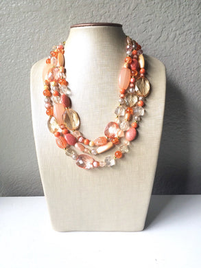 Peach and Coral Chunky Statement Necklace - Triple Strand Beaded Jewelry - peach coral jewelry -bridsmaid wedding